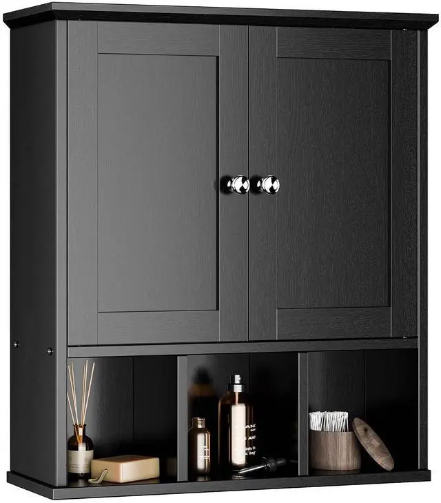 Main image of Bathroom Wall Cabinet, Bathroom Cabinet Wall Mount with 2 Doors and 3 Open Shelves, Over the Toilet Wood Medicine Cabinets for Laundry Room, Black