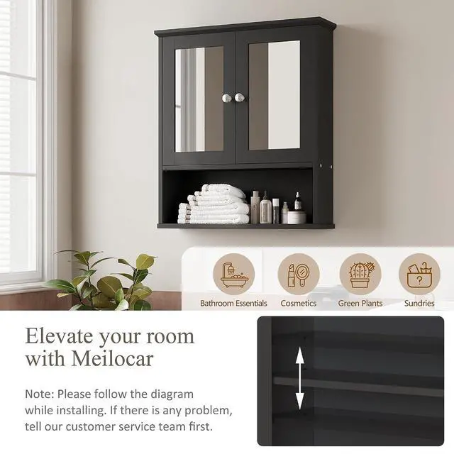 Alt view image 6 of 7 - Bathroom Wall Cabinet with Mirror, Bathroom Mirror Cabinet Wall Mounted, Over Toilet Medicine Cabinets with Adjustable Shelf, Large Capacity, Black