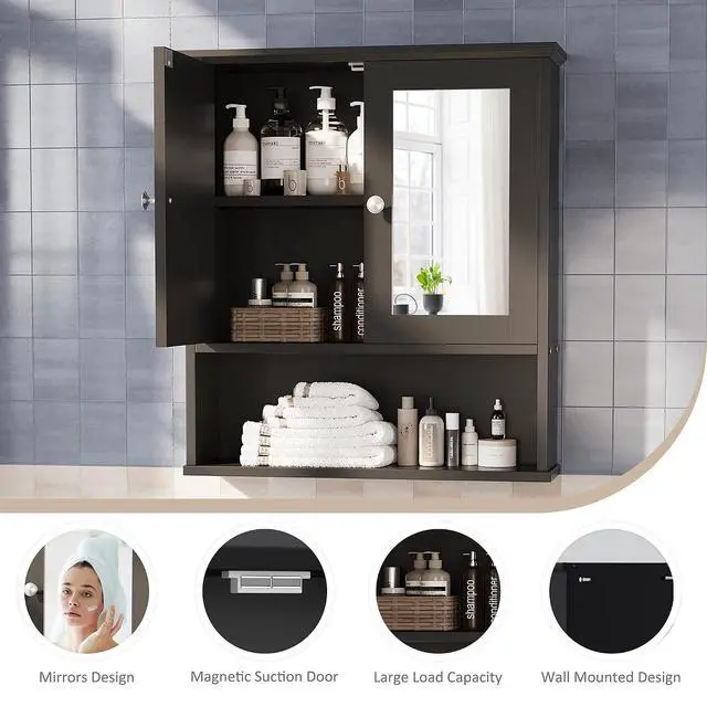 Alt view image 5 of 7 - Bathroom Wall Cabinet with Mirror, Bathroom Mirror Cabinet Wall Mounted, Over Toilet Medicine Cabinets with Adjustable Shelf, Large Capacity, Black