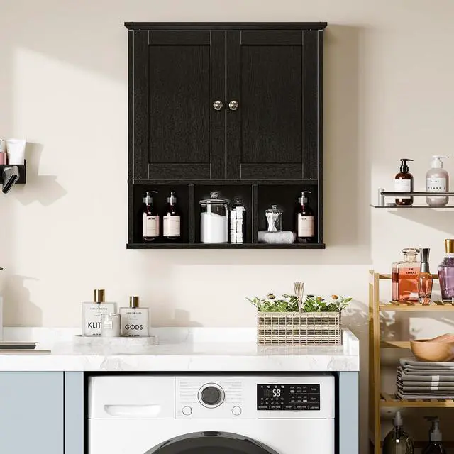 Alt view image 2 of 6 - Bathroom Wall Cabinet, Bathroom Cabinet Wall Mount with 2 Doors and 3 Open Shelves, Over the Toilet Wood Medicine Cabinets for Laundry Room, Black