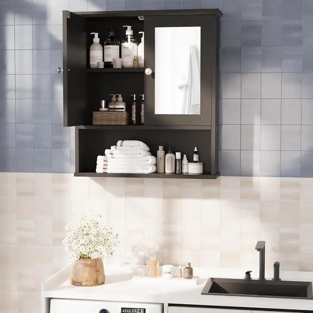 Alt view image 7 of 7 - Bathroom Wall Cabinet with Mirror, Bathroom Mirror Cabinet Wall Mounted, Over Toilet Medicine Cabinets with Adjustable Shelf, Large Capacity, Black