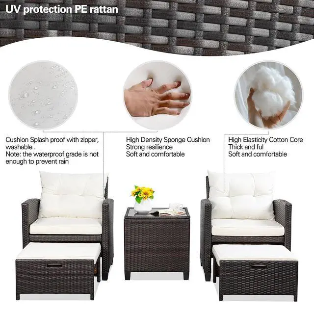 Alt view image 5 of 7 - Patio Chair with Ottoman, 5 Pieces Patio Furniture Set Small Balcony Furniture, Rattan Patio Chairs Set of 2 with Glass Table for Front Porch Garden (Beige)