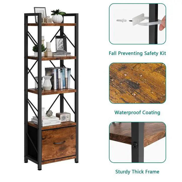 Alt view image 6 of 7 - 5 Tier Bookshelf with Drawer, Industrial Tall Narrow Bookcase, Display Shelf Modern Wood and Metal Bookshelves, Free Standing Storage Organizer for Office, Living Room