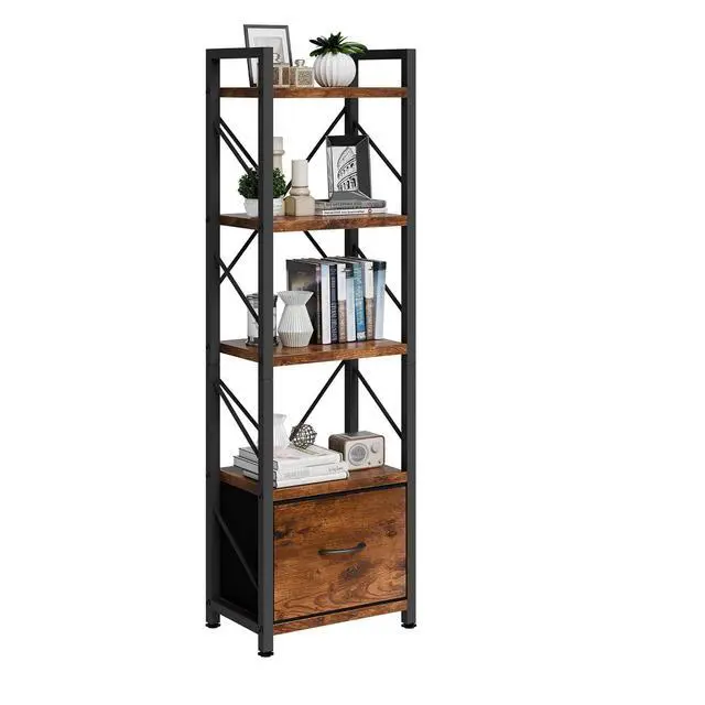 Alt view image 7 of 7 - 5 Tier Bookshelf with Drawer, Industrial Tall Narrow Bookcase, Display Shelf Modern Wood and Metal Bookshelves, Free Standing Storage Organizer for Office, Living Room