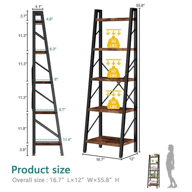 Alt view image 2 of 7 - 5 Tier Ladder Bookshelf, Industrial Narrow Bookcase Display Shelf, Free Standing Rock Corner Storage Organizer for Home Office, Living Room, Bedroom, Rustic Brown
