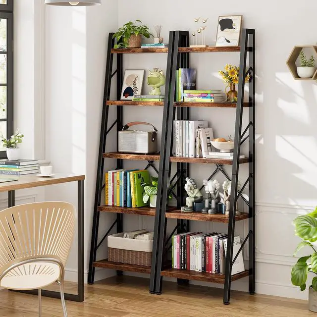 Alt view image 3 of 7 - 5 Tier Ladder Bookshelf, Industrial Narrow Bookcase Display Shelf, Free Standing Rock Corner Storage Organizer for Home Office, Living Room, Bedroom, Rustic Brown