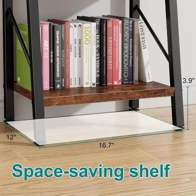 Alt view image 4 of 7 - 5 Tier Ladder Bookshelf, Industrial Narrow Bookcase Display Shelf, Free Standing Rock Corner Storage Organizer for Home Office, Living Room, Bedroom, Rustic Brown