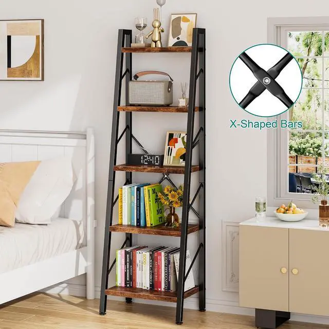 Alt view image 5 of 7 - 5 Tier Ladder Bookshelf, Industrial Narrow Bookcase Display Shelf, Free Standing Rock Corner Storage Organizer for Home Office, Living Room, Bedroom, Rustic Brown