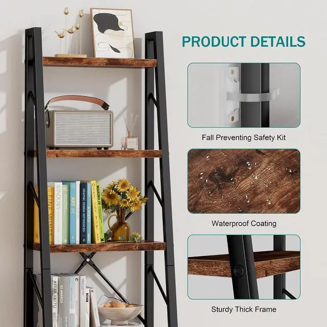 Alt view image 6 of 7 - 5 Tier Ladder Bookshelf, Industrial Narrow Bookcase Display Shelf, Free Standing Rock Corner Storage Organizer for Home Office, Living Room, Bedroom, Rustic Brown