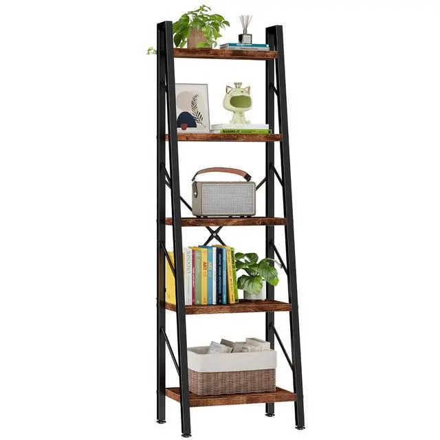 Alt view image 7 of 7 - 5 Tier Ladder Bookshelf, Industrial Narrow Bookcase Display Shelf, Free Standing Rock Corner Storage Organizer for Home Office, Living Room, Bedroom, Rustic Brown