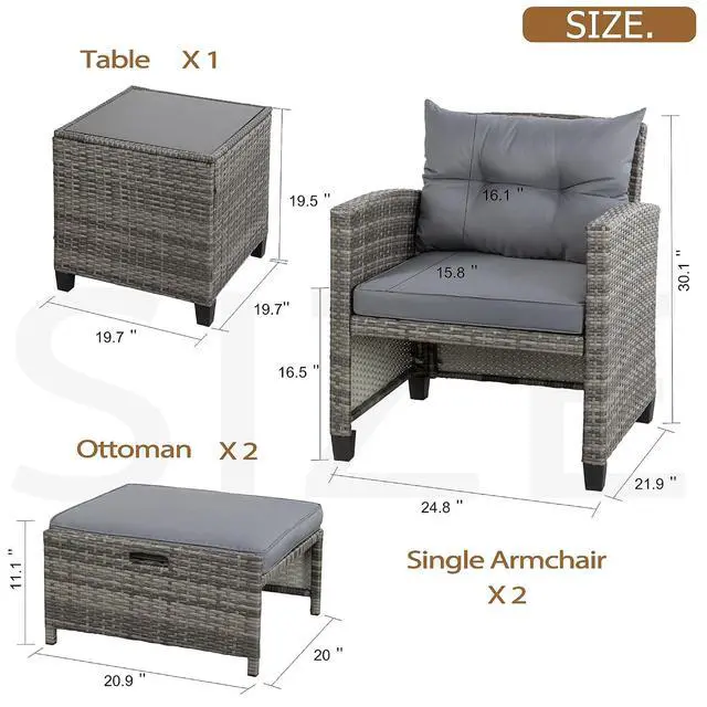 Alt view image 3 of 7 - 5 Piece Patio Furniture Set, Small Balcony Furniture, PE Wicker Rattan Patio Chairs Set of 2, Outdoor Lounge Chairs with Cushions Ottomans &Glass Table for Porch Garden(Light Grey)