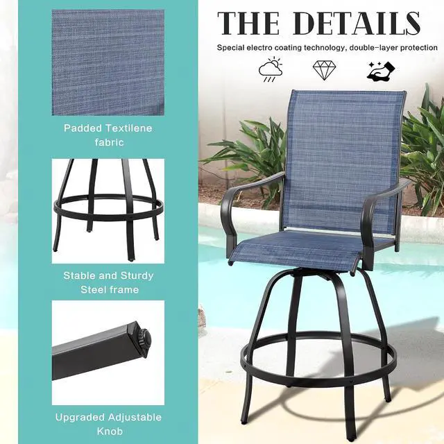 Alt view image 6 of 7 - 6 Piece Patio Swivel Bar Chairs, All Weather Metal Textile High Swivel Bar Stools Chairs, Outdoor High Top Bistro Set for Backyard, Lawn Garden, Balcony, Denim Blue