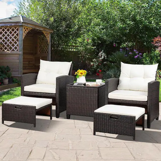 Alt view image 7 of 7 - Patio Chair with Ottoman, 5 Pieces Patio Furniture Set Small Balcony Furniture, Rattan Patio Chairs Set of 2 with Glass Table for Front Porch Garden (Beige)