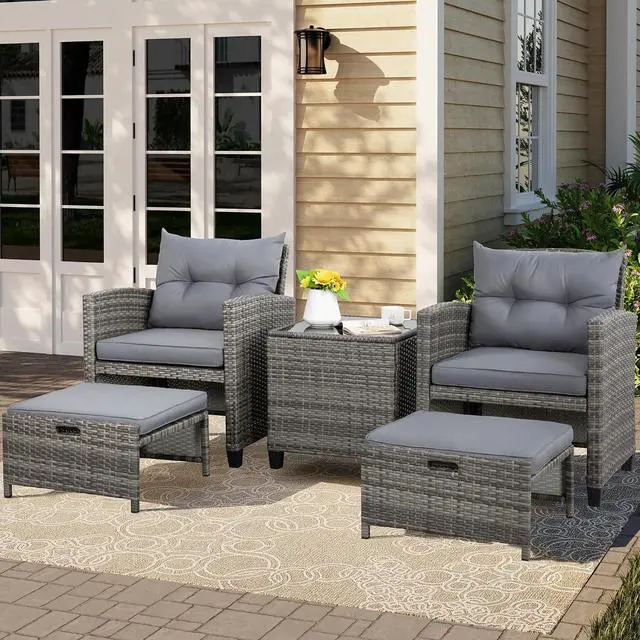 Main image of 5 Piece Patio Furniture Set, Small Balcony Furniture, PE Wicker Rattan Patio Chairs Set of 2, Outdoor Lounge Chairs with Cushions Ottomans &Glass Table for Porch Garden(Light Grey)