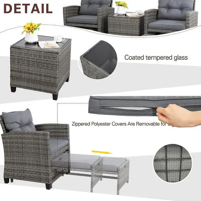 Alt view image 4 of 7 - 5 Piece Patio Furniture Set, Small Balcony Furniture, PE Wicker Rattan Patio Chairs Set of 2, Outdoor Lounge Chairs with Cushions Ottomans &Glass Table for Porch Garden(Light Grey)