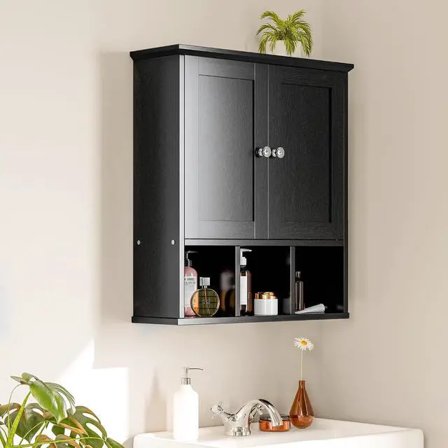 Alt view image 5 of 6 - Bathroom Wall Cabinet, Bathroom Cabinet Wall Mount with 2 Doors and 3 Open Shelves, Over the Toilet Wood Medicine Cabinets for Laundry Room, Black