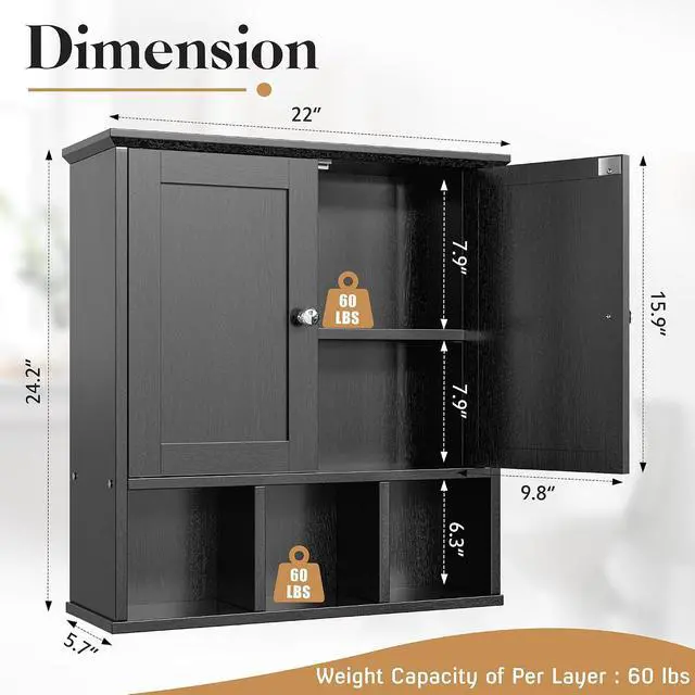 Alt view image 3 of 6 - Bathroom Wall Cabinet, Bathroom Cabinet Wall Mount with 2 Doors and 3 Open Shelves, Over the Toilet Wood Medicine Cabinets for Laundry Room, Black