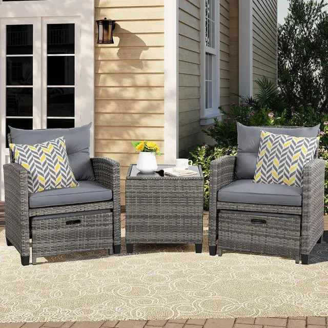 Alt view image 2 of 7 - 5 Piece Patio Furniture Set, Small Balcony Furniture, PE Wicker Rattan Patio Chairs Set of 2, Outdoor Lounge Chairs with Cushions Ottomans &Glass Table for Porch Garden(Light Grey)