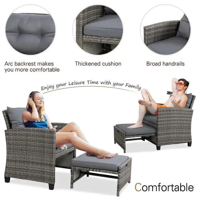 Alt view image 6 of 7 - 5 Piece Patio Furniture Set, Small Balcony Furniture, PE Wicker Rattan Patio Chairs Set of 2, Outdoor Lounge Chairs with Cushions Ottomans &Glass Table for Porch Garden(Light Grey)