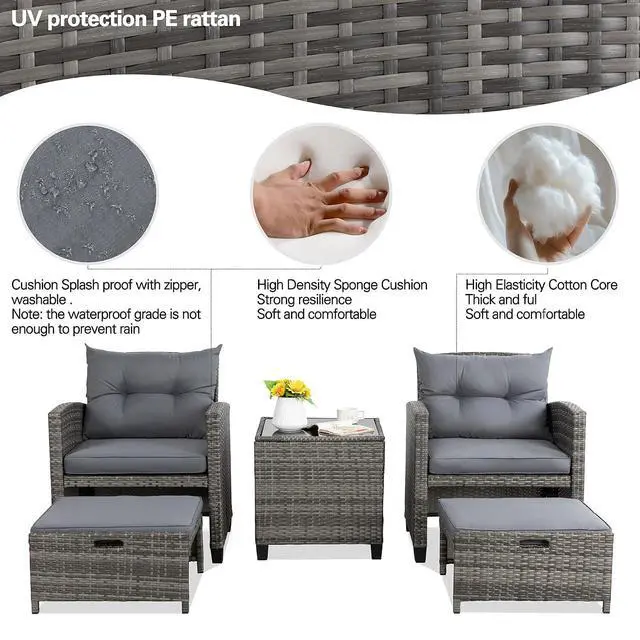 Alt view image 5 of 7 - 5 Piece Patio Furniture Set, Small Balcony Furniture, PE Wicker Rattan Patio Chairs Set of 2, Outdoor Lounge Chairs with Cushions Ottomans &Glass Table for Porch Garden(Light Grey)