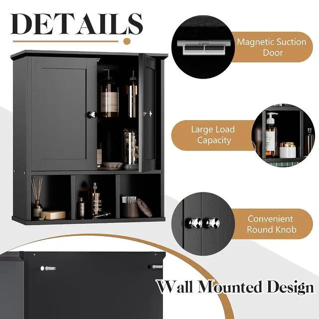 Alt view image 6 of 6 - Bathroom Wall Cabinet, Bathroom Cabinet Wall Mount with 2 Doors and 3 Open Shelves, Over the Toilet Wood Medicine Cabinets for Laundry Room, Black