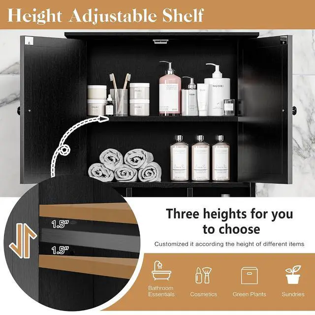 Alt view image 4 of 6 - Bathroom Wall Cabinet, Bathroom Cabinet Wall Mount with 2 Doors and 3 Open Shelves, Over the Toilet Wood Medicine Cabinets for Laundry Room, Black