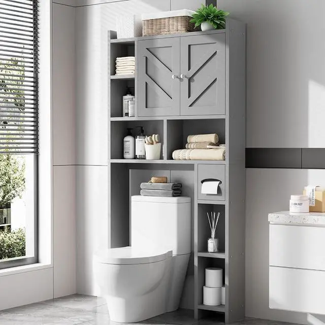 Main image of Over the Toilet Storage Cabinet, Freestanding Farmhouse Storage Cabinet Over Toilet, Bathroom Organizer with Paper Holder Stand and Adjustable Shelf, Grey
