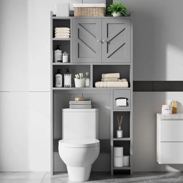 Alt view image 3 of 7 - Over the Toilet Storage Cabinet, Freestanding Farmhouse Storage Cabinet Over Toilet, Bathroom Organizer with Paper Holder Stand and Adjustable Shelf, Grey
