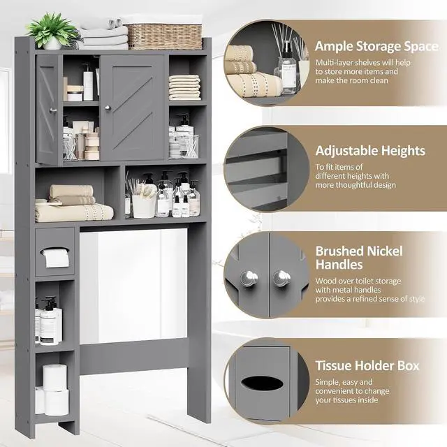 Alt view image 4 of 7 - Over the Toilet Storage Cabinet, Freestanding Farmhouse Storage Cabinet Over Toilet, Bathroom Organizer with Paper Holder Stand and Adjustable Shelf, Grey