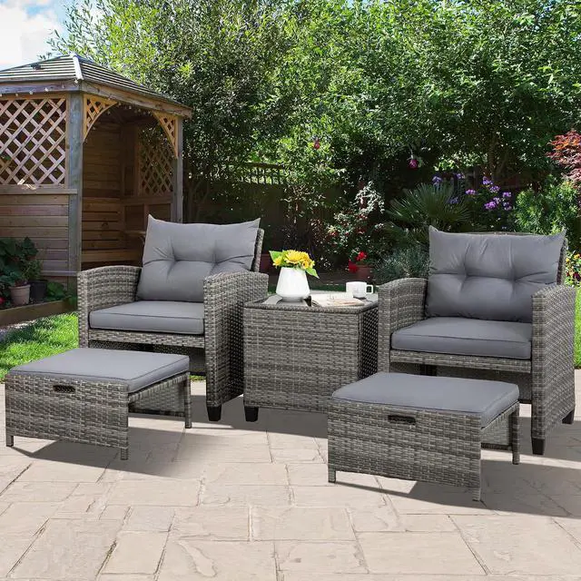 Alt view image 7 of 7 - 5 Piece Patio Furniture Set, Small Balcony Furniture, PE Wicker Rattan Patio Chairs Set of 2, Outdoor Lounge Chairs with Cushions Ottomans &Glass Table for Porch Garden(Light Grey)