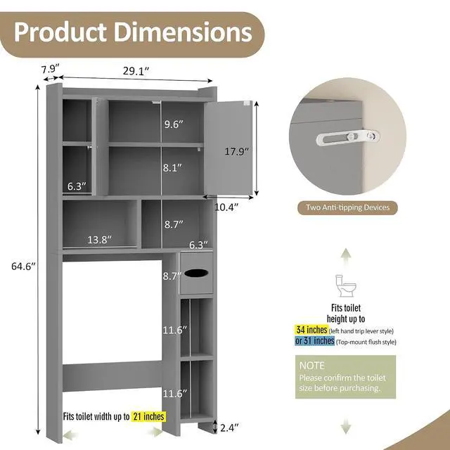 Alt view image 2 of 7 - Over the Toilet Storage Cabinet, Freestanding Farmhouse Storage Cabinet Over Toilet, Bathroom Organizer with Paper Holder Stand and Adjustable Shelf, Grey