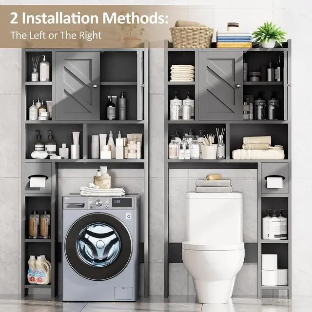 Alt view image 5 of 7 - Over the Toilet Storage Cabinet, Freestanding Farmhouse Storage Cabinet Over Toilet, Bathroom Organizer with Paper Holder Stand and Adjustable Shelf, Grey