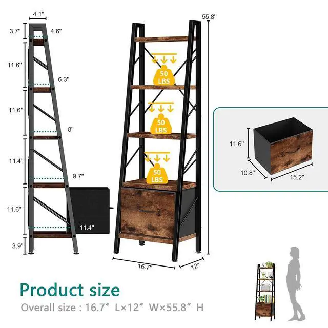 Alt view image 2 of 7 - Ladder Bookshelf with Drawer, 5 Tier Industrial Bookcase Display Shelf, Tall Narrow Bookcase Corner Freestanding Rack Storage Organizer for Home Office, Living Room