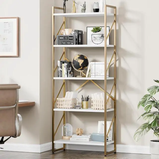 Main image of 5 Tier Bookshelf, Modern Tall Bookcase, Industrial Book Shelves Display Standing Shelf, Free Standing Storage Organizer for Bedroom, Living Room, White+Gold