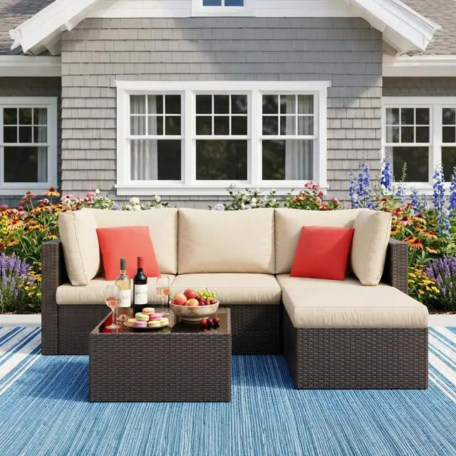 Alt view image 2 of 7 - 5 Piece Patio Furniture Sets, Outdoor Patio Set Sectional Sofa, All-Weather PE Rattan Outdoor Couch with Ottoman, Glass Table for Garden, Backyard, Porch, Beige