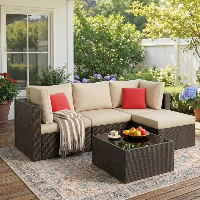 Main image of 5 Piece Patio Furniture Sets, Outdoor Patio Set Sectional Sofa, All-Weather PE Rattan Outdoor Couch with Ottoman, Glass Table for Garden, Backyard, Porch, Beige