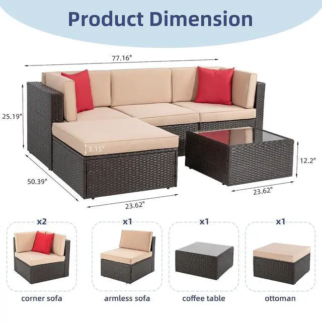 Alt view image 3 of 7 - 5 Piece Patio Furniture Sets, Outdoor Patio Set Sectional Sofa, All-Weather PE Rattan Outdoor Couch with Ottoman, Glass Table for Garden, Backyard, Porch, Beige