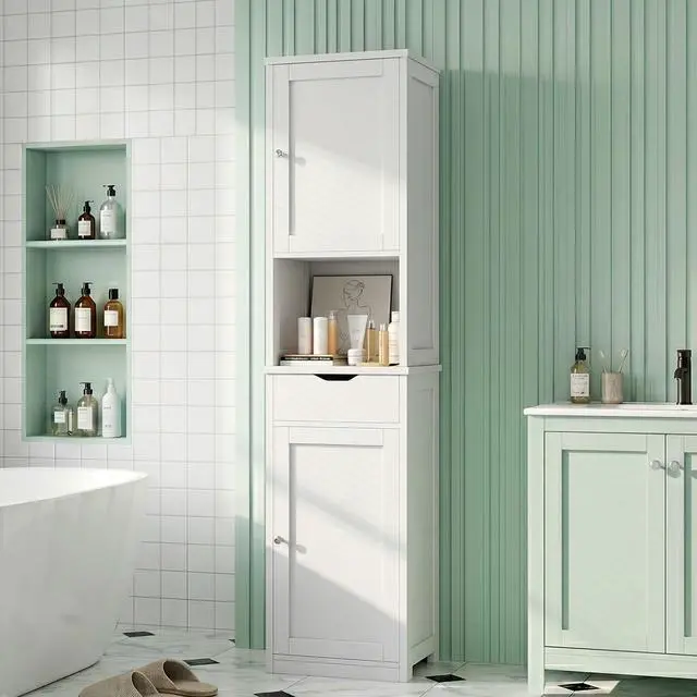 Main image of Tall Bathroom Storage Cabinet, 64H Narrow Storage Unit for Small Spaces, Freestanding Modern Cabinet with Adjustable Shelves for Bathroom, Living Room, Kitchen, White