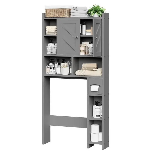 Alt view image 7 of 7 - Over the Toilet Storage Cabinet, Freestanding Farmhouse Storage Cabinet Over Toilet, Bathroom Organizer with Paper Holder Stand and Adjustable Shelf, Grey