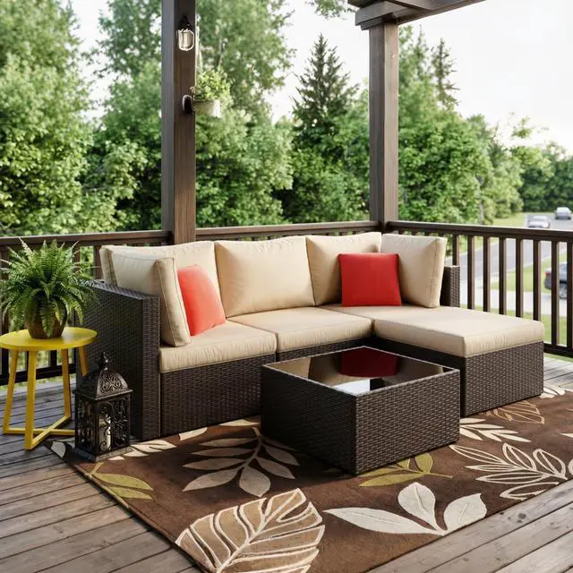 Alt view image 7 of 7 - 5 Piece Patio Furniture Sets, Outdoor Patio Set Sectional Sofa, All-Weather PE Rattan Outdoor Couch with Ottoman, Glass Table for Garden, Backyard, Porch, Beige