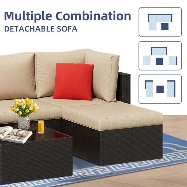 Alt view image 4 of 7 - 5 Piece Patio Furniture Sets, Outdoor Patio Set Sectional Sofa, All-Weather PE Rattan Outdoor Couch with Ottoman, Glass Table for Garden, Backyard, Porch, Beige