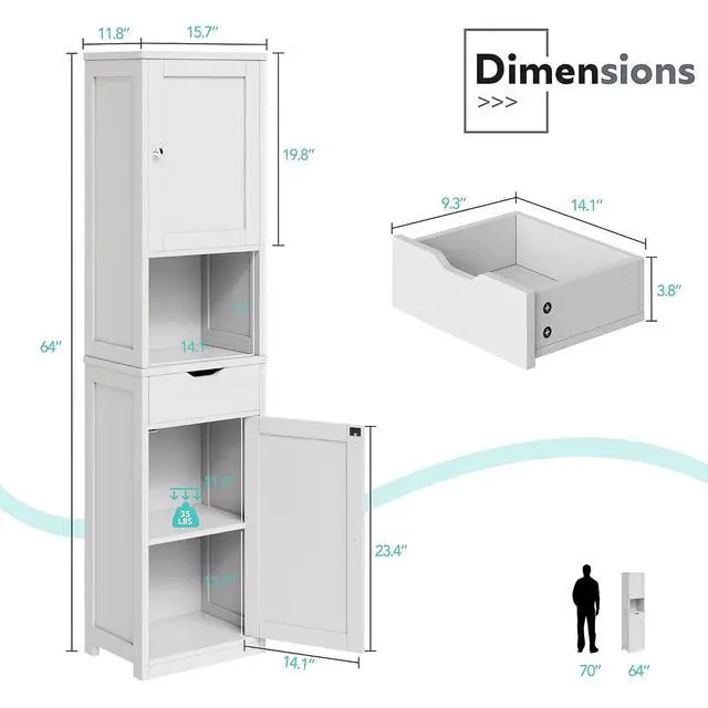 Alt view image 2 of 7 - Tall Bathroom Storage Cabinet, 64H Narrow Storage Unit for Small Spaces, Freestanding Modern Cabinet with Adjustable Shelves for Bathroom, Living Room, Kitchen, White