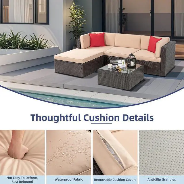 Alt view image 5 of 7 - 5 Piece Patio Furniture Sets, Outdoor Patio Set Sectional Sofa, All-Weather PE Rattan Outdoor Couch with Ottoman, Glass Table for Garden, Backyard, Porch, Beige