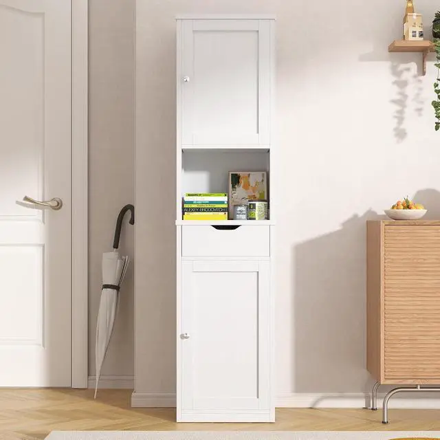 Alt view image 3 of 7 - Tall Bathroom Storage Cabinet, 64H Narrow Storage Unit for Small Spaces, Freestanding Modern Cabinet with Adjustable Shelves for Bathroom, Living Room, Kitchen, White