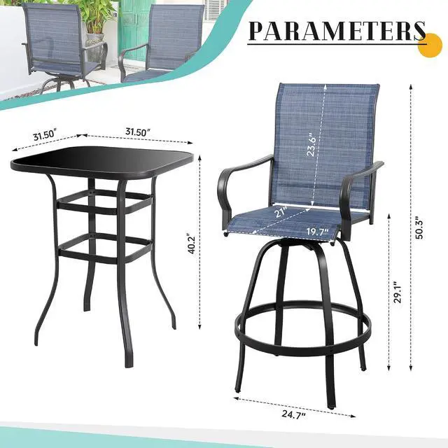 Alt view image 5 of 7 - 3 Piece Patio Swivel Bar Set, All Weather Mental Textilene High Swivel Bar Stools Chair Set of 2 and High Glass Bar Table, Outdoor High Top Bistro Set for Lawn Garden, Balcony, Denim Blue