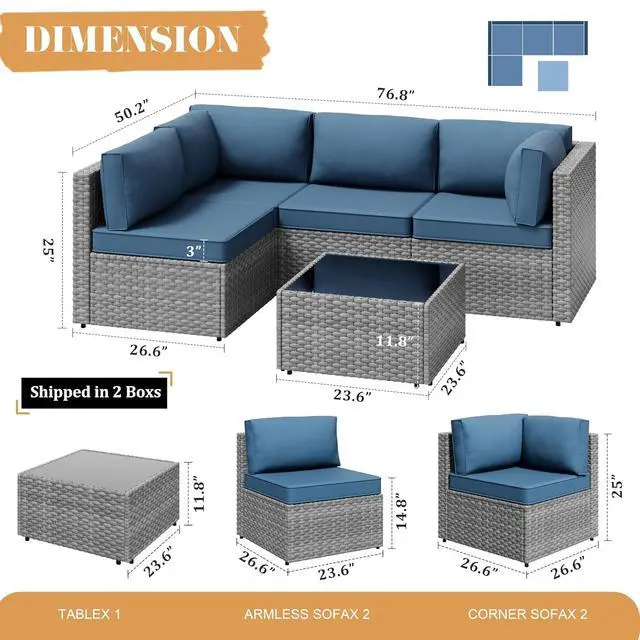 Alt view image 3 of 7 - 5 Pieces Outdoor Sectional Furniture, All-Weather Rattan Patio Furniture Set, Wicker Patio Sectional Couch with Cushion, Glass Table, Navy Blue