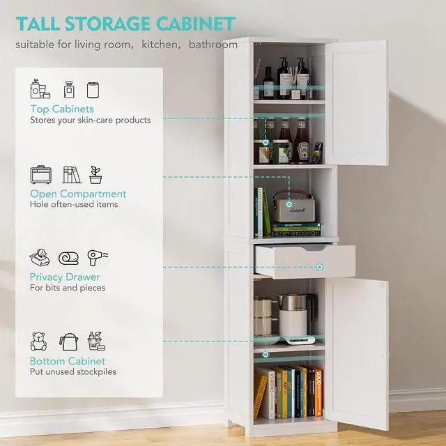 Alt view image 6 of 7 - Tall Bathroom Storage Cabinet, 64H Narrow Storage Unit for Small Spaces, Freestanding Modern Cabinet with Adjustable Shelves for Bathroom, Living Room, Kitchen, White