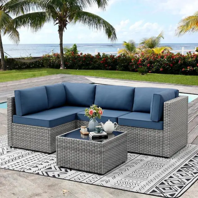 Main image of 5 Pieces Outdoor Sectional Furniture, All-Weather Rattan Patio Furniture Set, Wicker Patio Sectional Couch with Cushion, Glass Table, Navy Blue