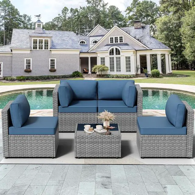 Alt view image 2 of 7 - 5 Pieces Outdoor Sectional Furniture, All-Weather Rattan Patio Furniture Set, Wicker Patio Sectional Couch with Cushion, Glass Table, Navy Blue