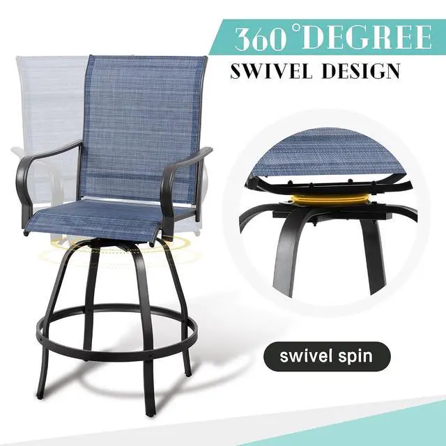 Alt view image 5 of 7 - 5 Piece Patio Swivel Bar Set, All Weather Mental Textilene High Swivel Bar Stools Chair Set of 4 and High Glass Bar Table, Outdoor High Top Bistro Set for Lawn Garden, Balcony, Denim Blue